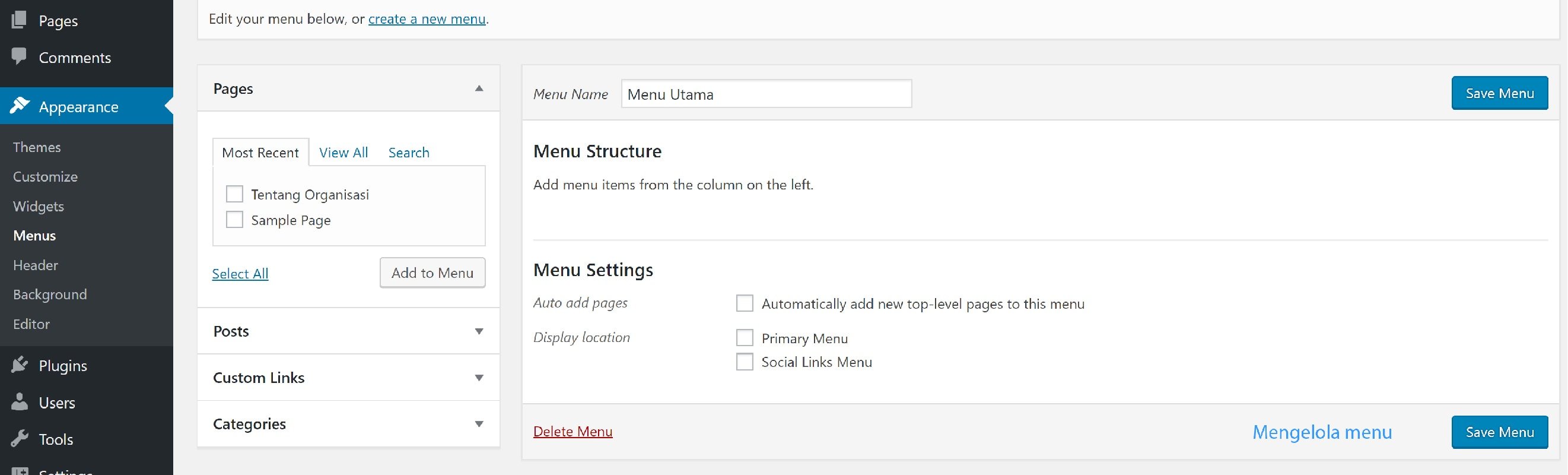 mengelola menu pada wordpress