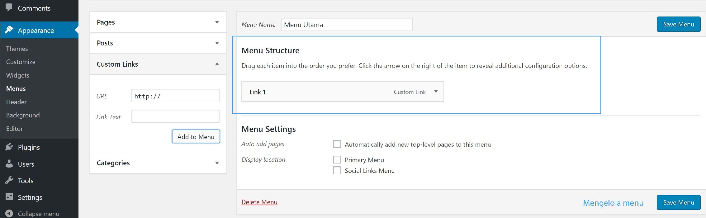 mengelola menu pada wordpress