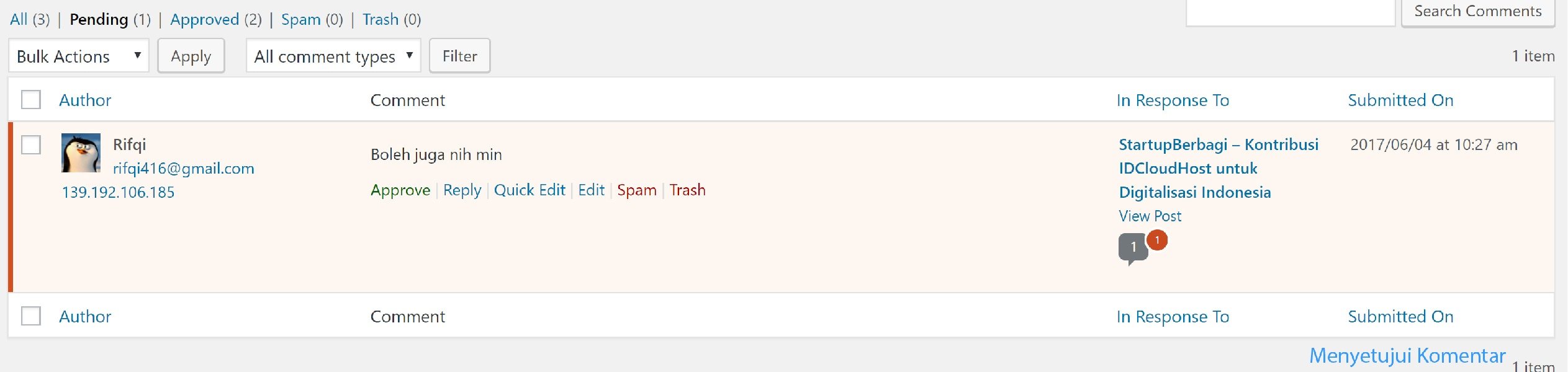 cara menyetujui komentar pada wordpress