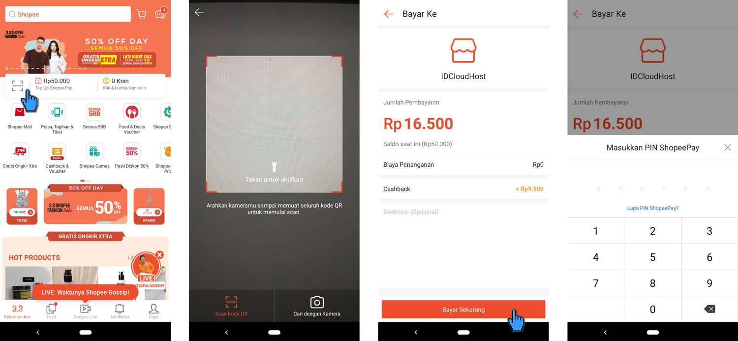 Pembayaran Layanan IDCloudHost via ShopeePay Shopee